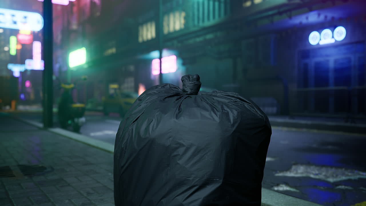 Paesaggio notturno urbano che mostra rifiuti abbandonati su una strada scarsamente illuminata