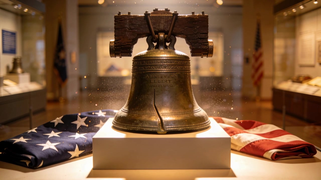Zooming camera focusing bronze bell in museum gallery, revealing crack, yoke and folded US flags