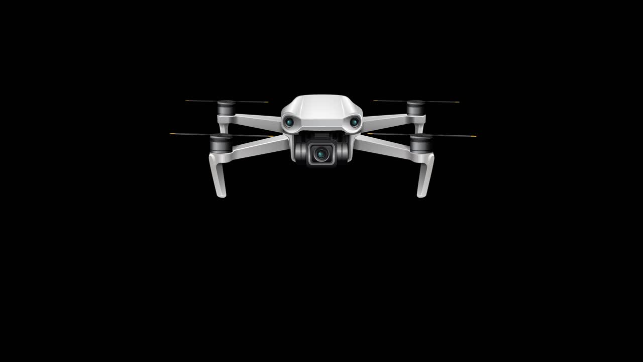 A drone smoothly advances towards the viewer against a black background, highlighting its sleek design and movement
