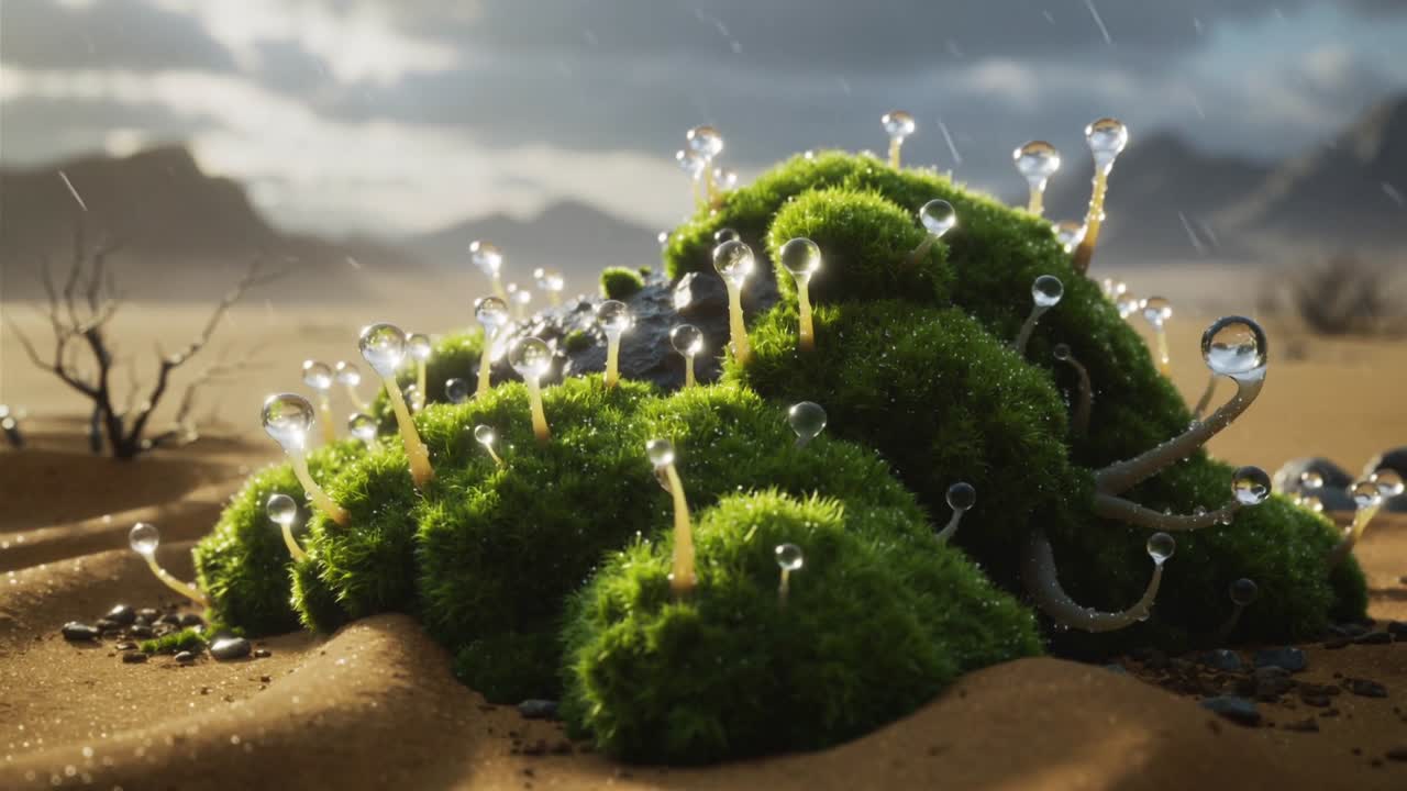 Lichte regen opvangend, groene mosheuvel vormt dunne waterstelen, glimmende druppels op zandrimpels.