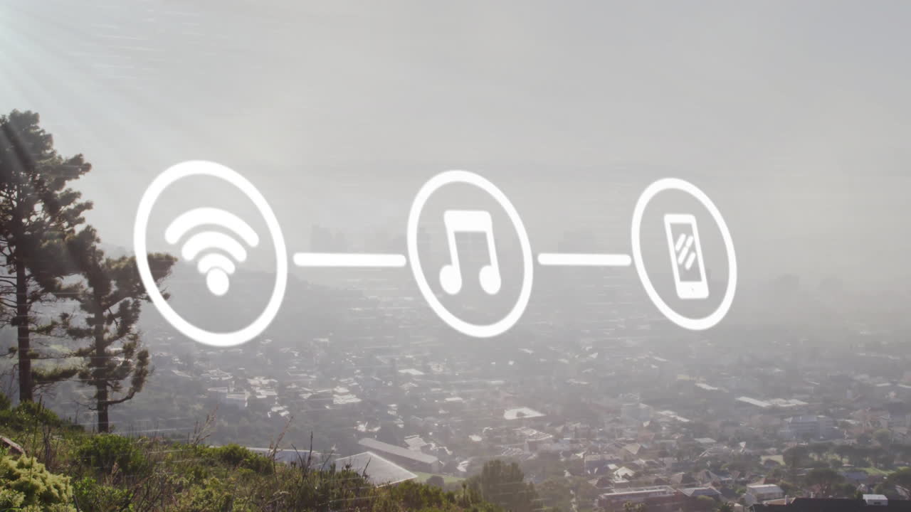 animación de la red de wifi y iconos de medios sobre el paisaje urbano moderno
