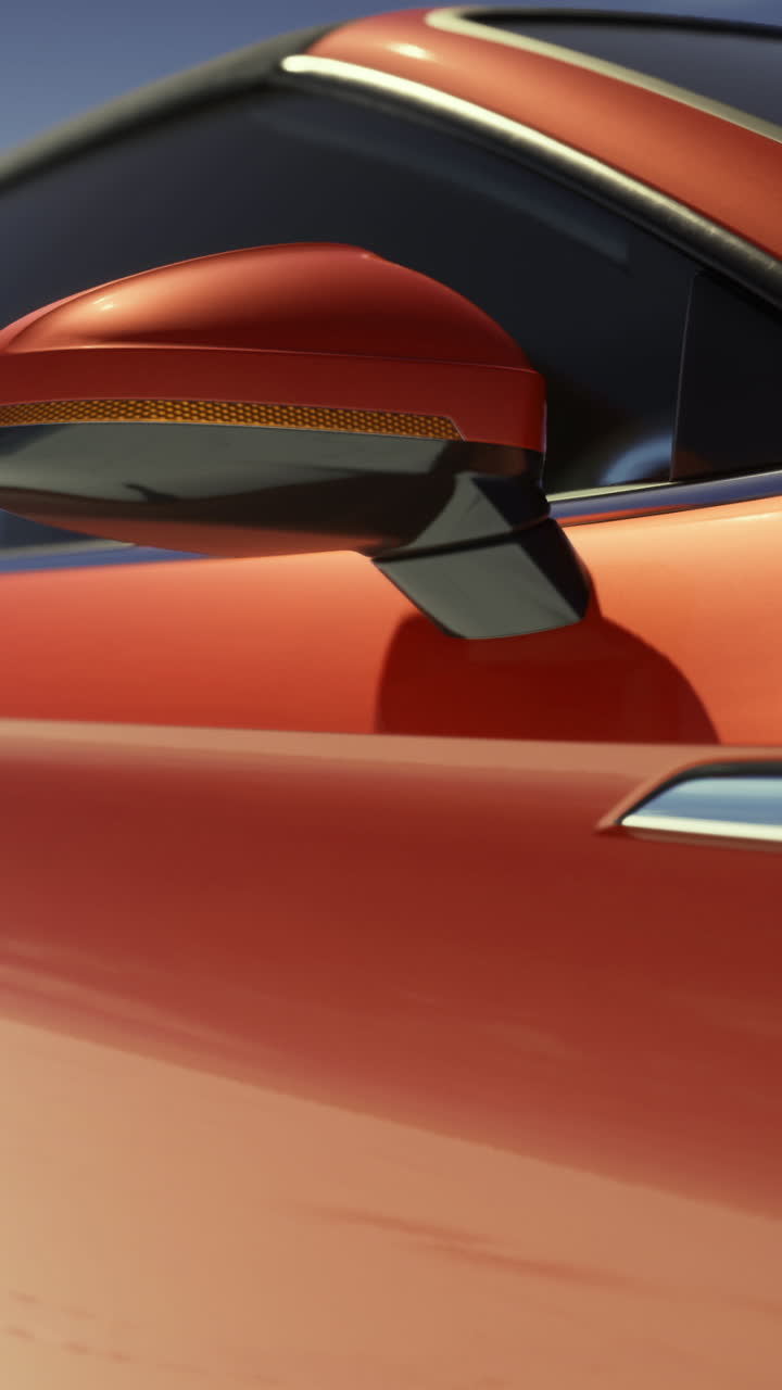 Primo piano mozzafiato di un'elegante auto sportiva rossa, che ne esalta l'eleganza e il design.