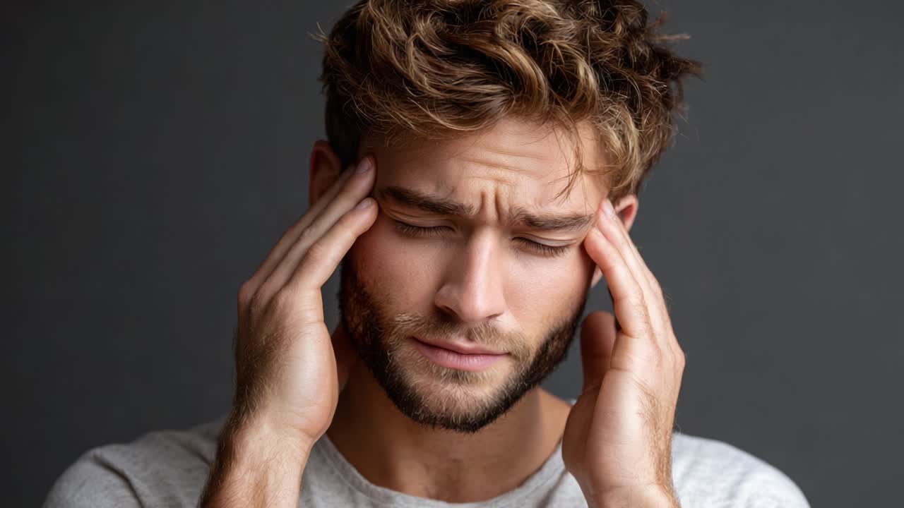 A Young Man with Discomfort Displays a Pained Expression as He Presses His Temples with His Hands, Illustrating the Experience of Physical or Emotional Distress