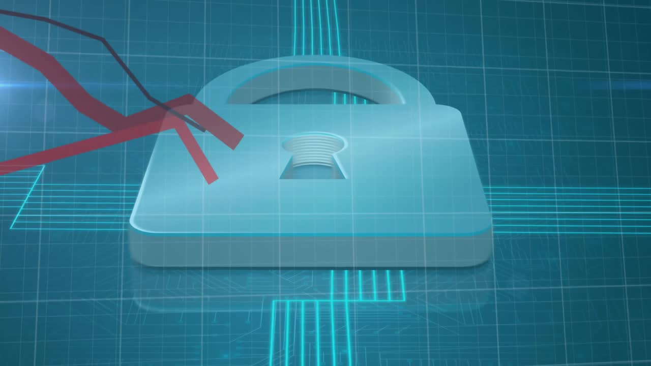 animación del procesamiento de datos estadísticos a través del icono de candado de seguridad y las conexiones de microprocesador
