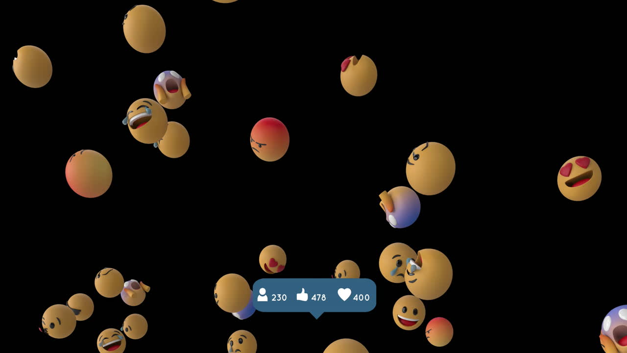 Social media icons with increasing numbers against multiple face emojis floating on black background