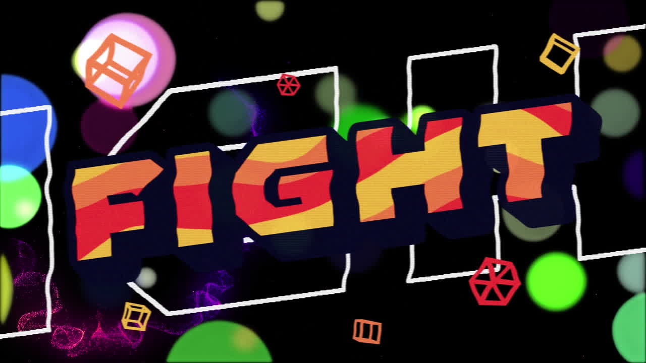 검은 바탕에 네온 패턴 위에 싸움 텍스트의 애니메이션