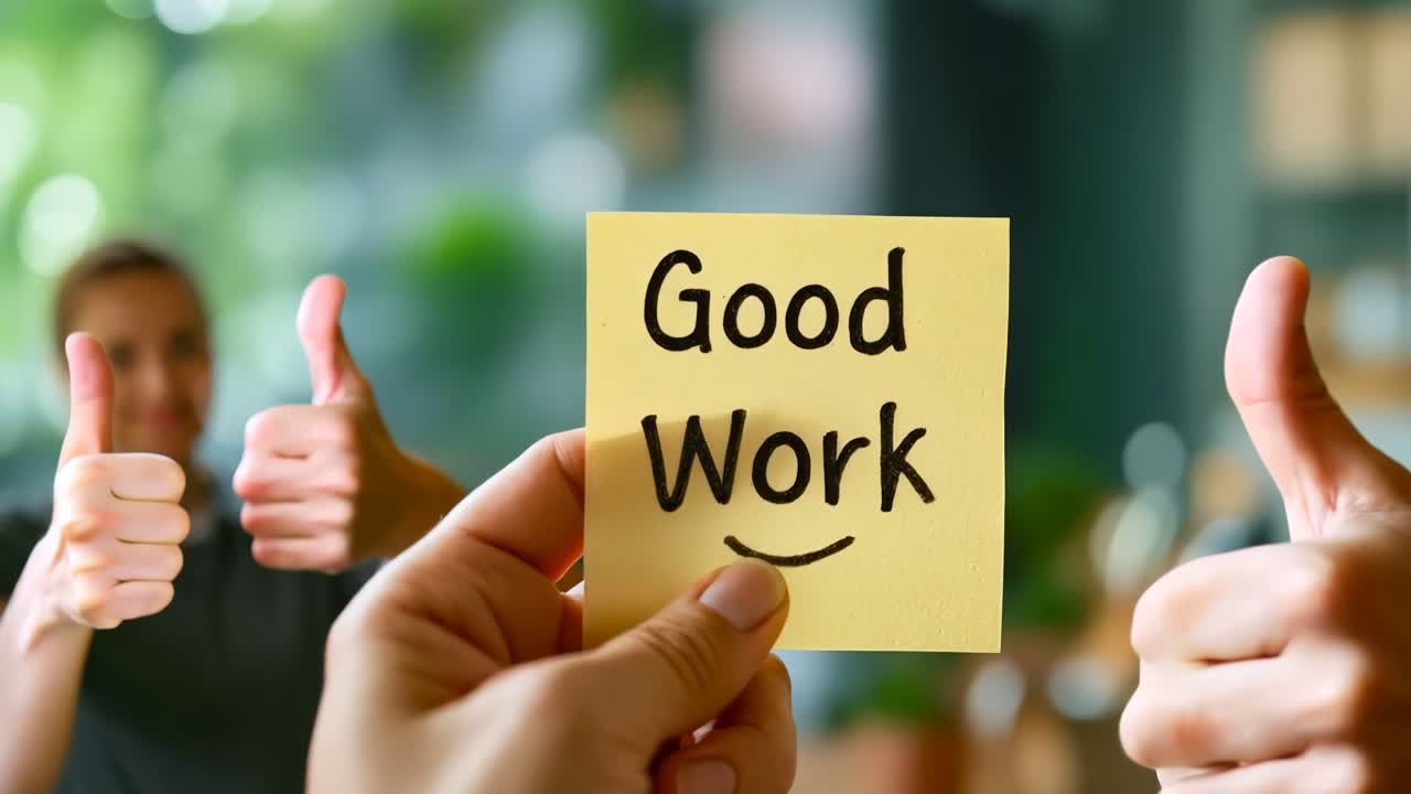A person holding a sticky note with the words Good Work written on it