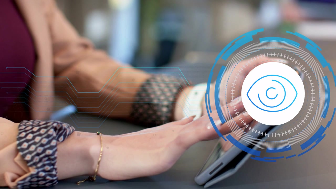Woman tapping tablet in business, hand hovering initiating eye UI fading, rings pulsing for control