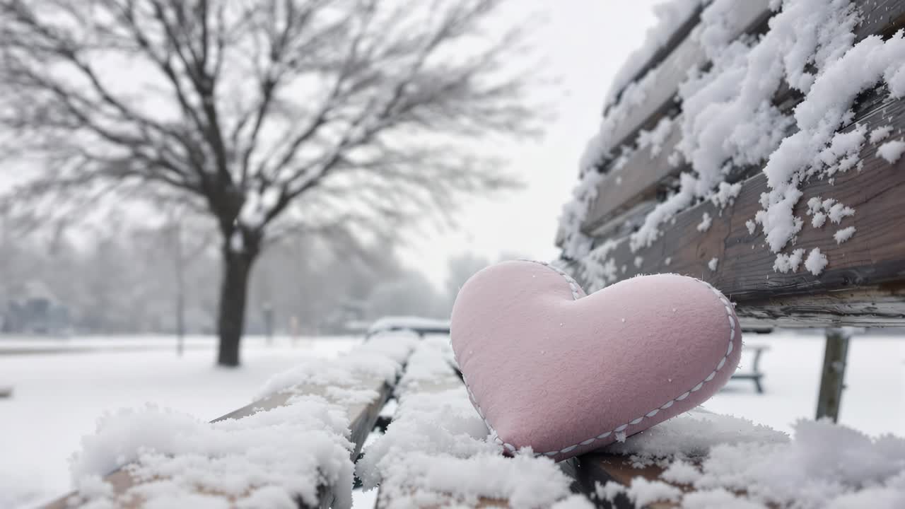 Pink Heart on a Snowy Bench in Winter