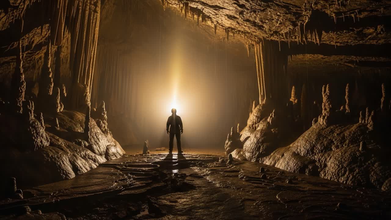 A solitary figure stands in an illuminated cave, surrounded by stunning rock formations and stalactites, capturing the eerie beauty of underground exploration and adventure