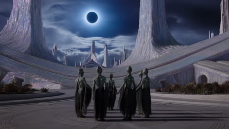 ethereal beings in a grand alien city with a cosmic eclipse