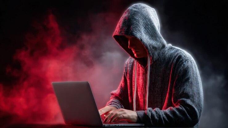 En mystisk skikkelse i en hættetrøje er intenst fokuseret på en bærbar computer, omgivet af uhyggelig rød og sort røg, hvilket fremkalder en følelse af spænding og mystik i den digitale verden.