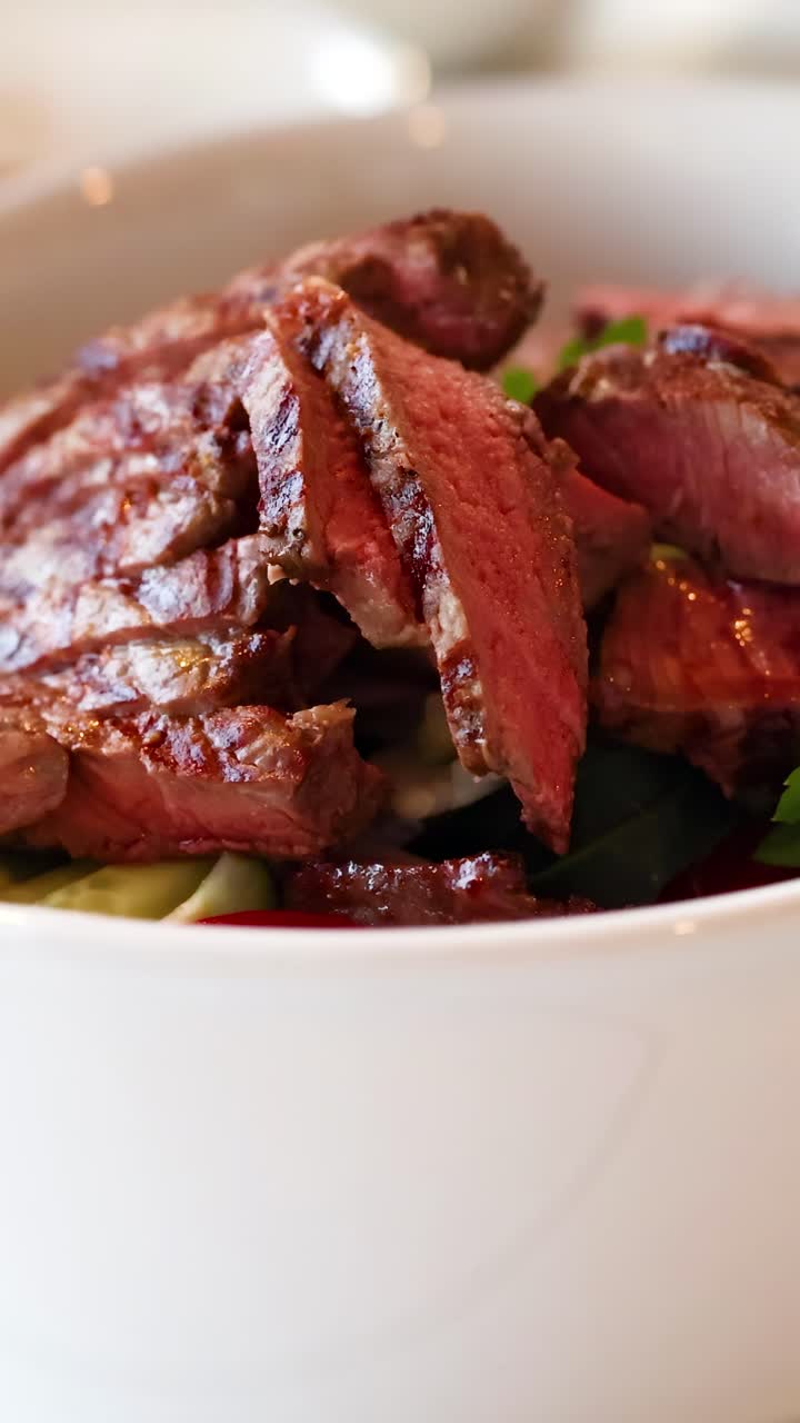 Irisan daging sapi panggang tertata apik dalam mangkuk salad di bawah pencahayaan hangat yang mengundang
