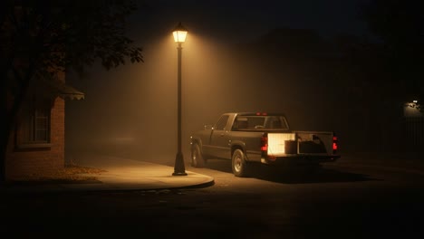 a mysterious night scene featuring a pickup truck parked beneath a street lamp in a foggy environment, evoking a sense of intrigue and nostalgia