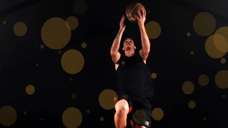 Animation-of-caucasian-basketball-player-throwing-ball-and-spots-of-light-on-black-background