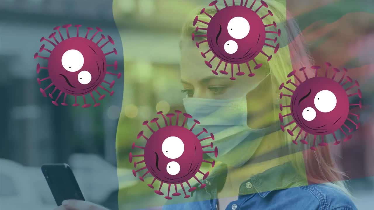 Animación de células de virus sobre mujer caucásica con mascarilla y la bandera de Bélgica