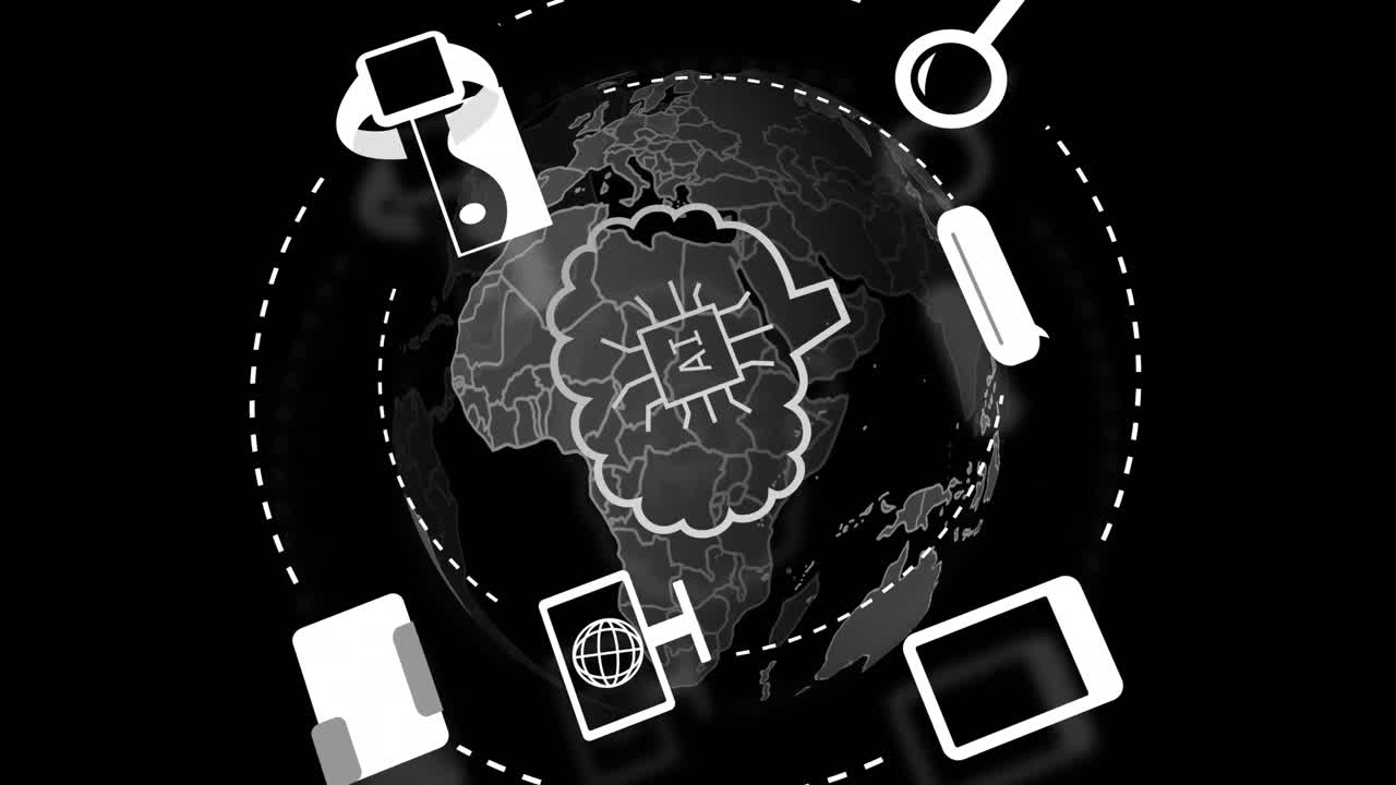 animación del procesamiento de datos y los iconos sobre el globo y el fondo oscuro