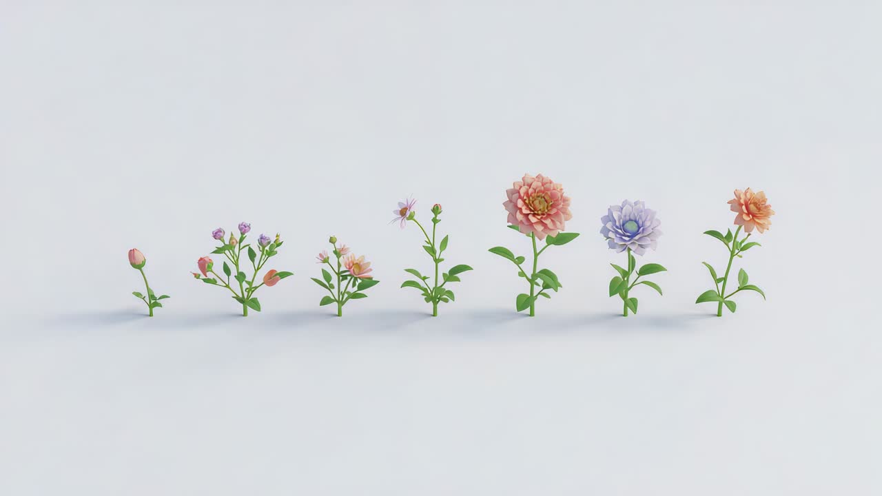 白いスタジオの平面で、7つの植物が成長を示すように花びらを開き、開花する様子を連続して見せるシーケンスです。