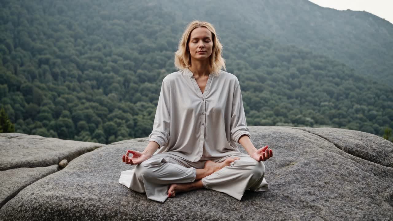 A serene video scene of a woman meditating on a rock with mountains in the background