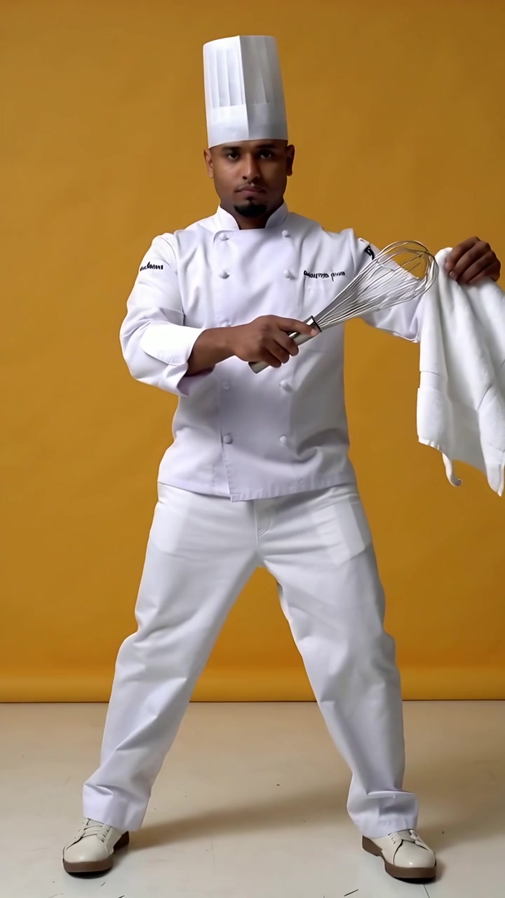 Video verticale: Chef con cappello bianco che entra da sinistra e cammina, tenendo una frusta e un asciugamano in studio, in posa