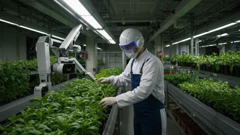 innovative agricultural technology: a robotic system assists a worker in indoor farming with greenery in a controlled environment setting