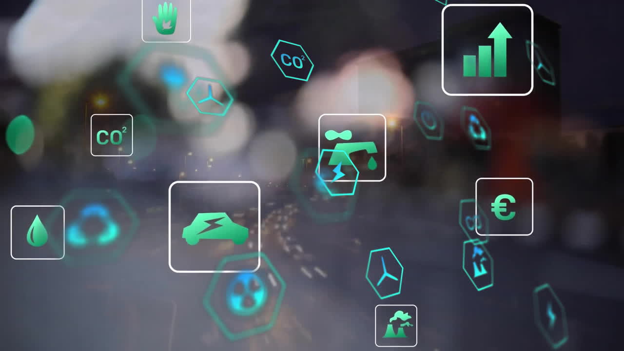 초록색 아이콘의 애니메이션과 데이터 처리가 초점 밖의 도시 조명