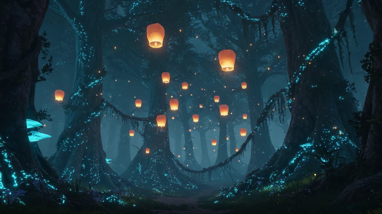 A Magical Forest Illuminated by Floating Lanterns, Glowing Blue Elements, and Enchanting Mysteries Awaiting Discovery in a Serene, Dreamlike Setting