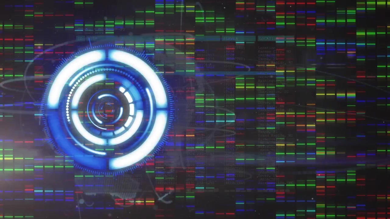 Animation of clock moving over data processing on black background
