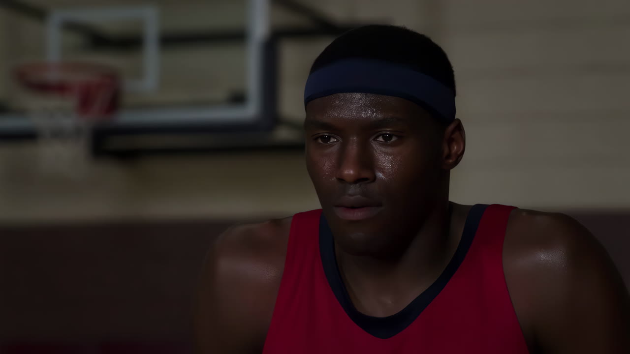 A sweating basketball player on the court