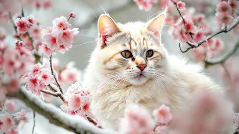 un gato blanco esponjoso sentado en un árbol con flores rosas