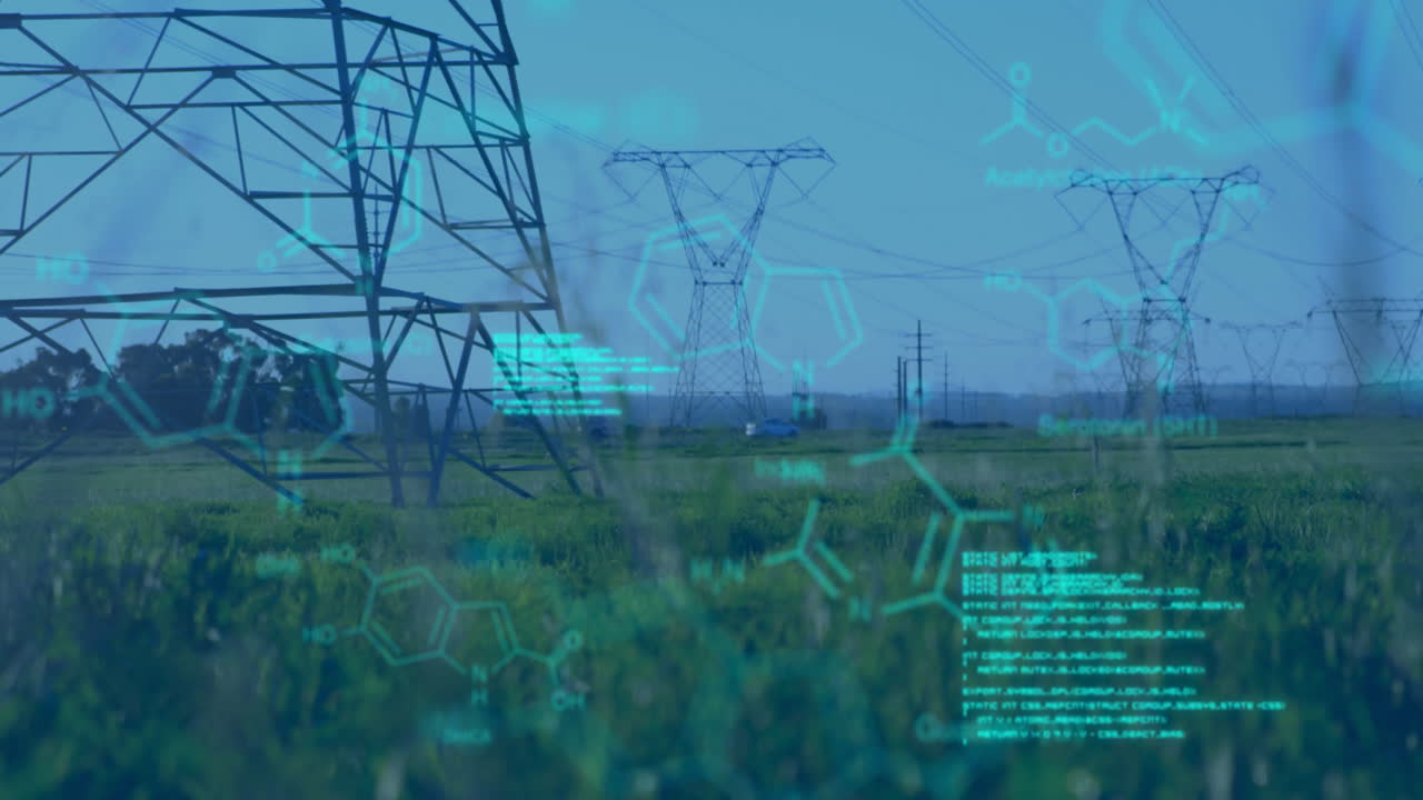 Chemical structures with program codes and a background of transmission towers