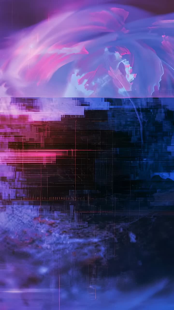 Video verticale: fotogrammi avanzati che animano petali e vortice blu su schermo verticale, con bande glitch