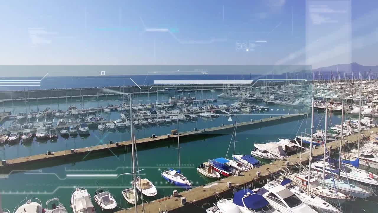 Animación de procesamiento de datos sobre barcos en puerto