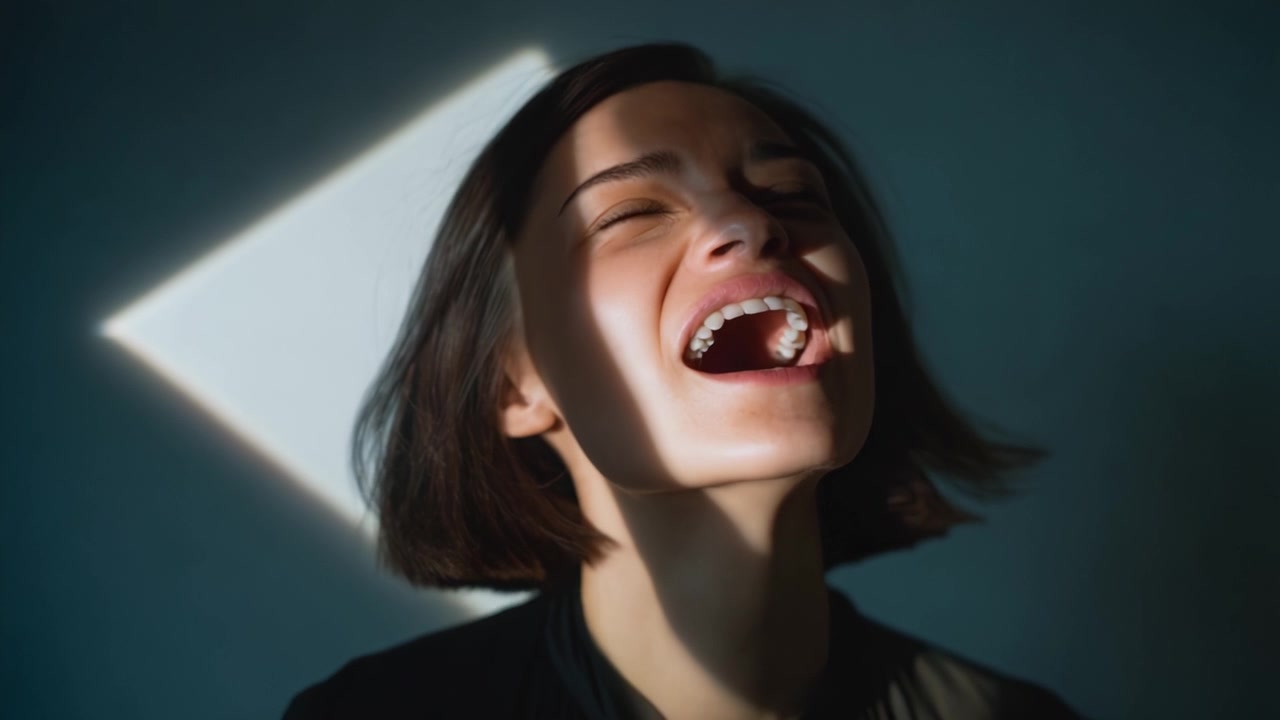 A Joyful Expression of Emotions Captured in Two Frames Showcasing a Person Singing or Laughing Under Unique Lighting Conditions