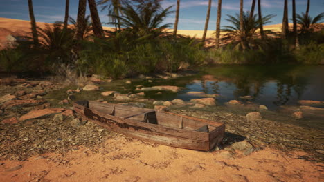 un barco de madera se sienta en la orilla de un pequeño lago en un oasis desértico