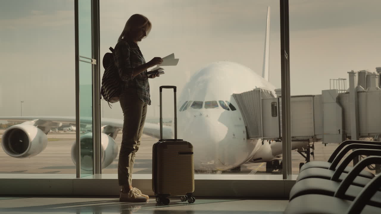 una mujer con pasaporte y tarjeta de embarque está de pie junto a la enorme ventana detrás de la cual se puede ver