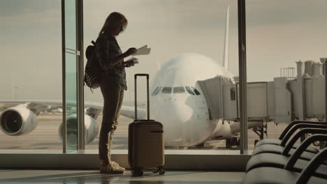 a woman with a passport and a boarding pass is standing at the huge window behind which you can see