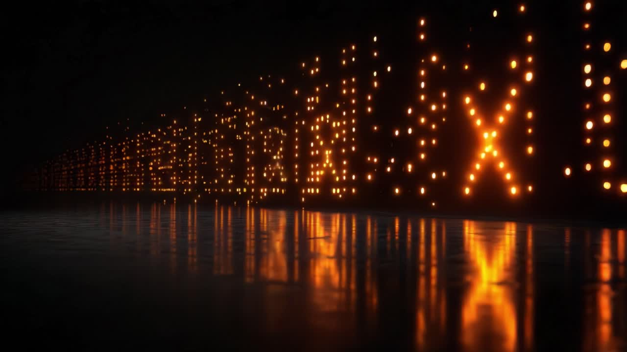 Abstract animation of a long wall with glowing orange lights in a pattern, creating beautiful reflections on a wet floor in an endless dark space, representing futuristic concepts