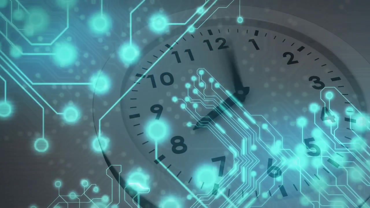 Orologio analogico bianco che segna l'1:11, avviando circuiti color verde acqua che appaiono e poi svaniscono, mostrando il flusso di dati