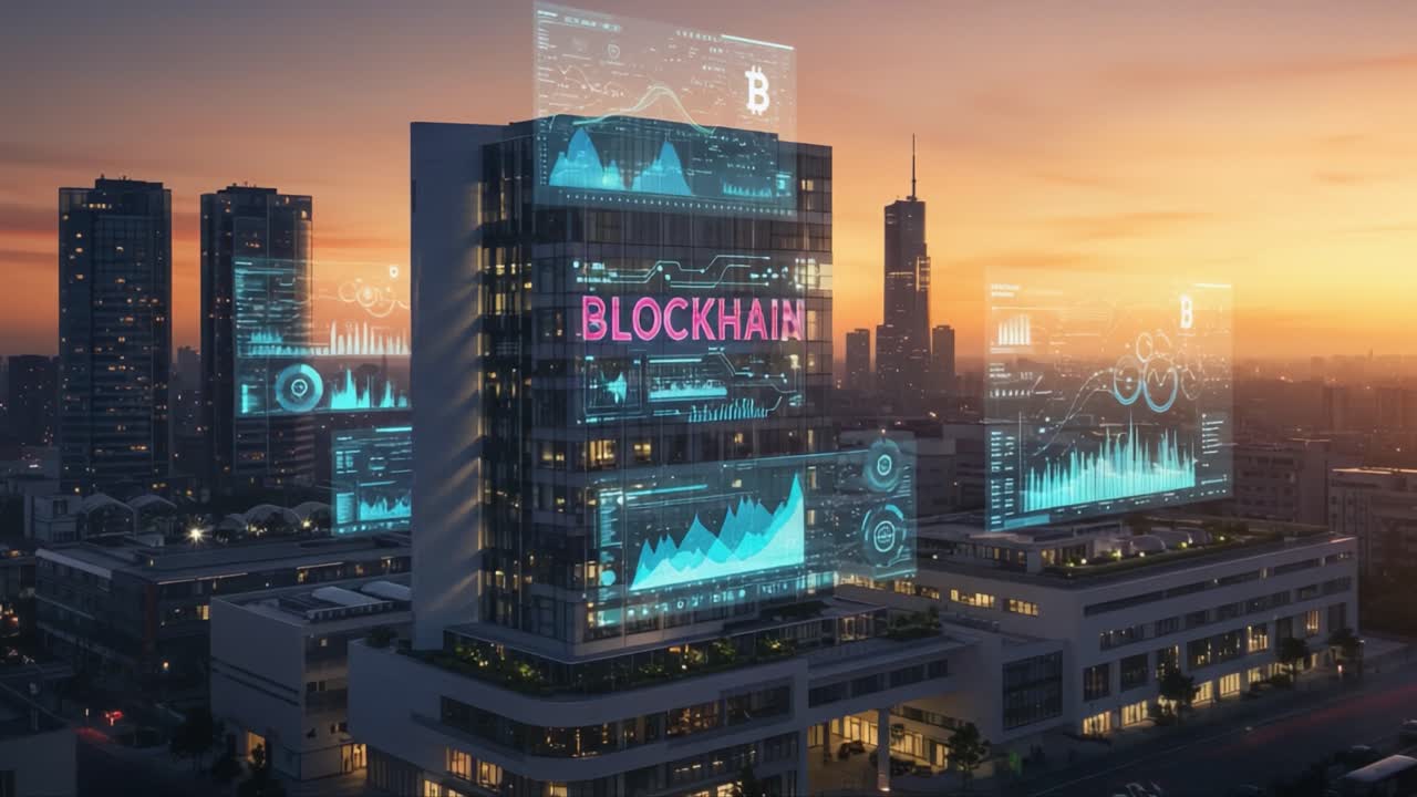 A Modern Urban Skyline Showcasing Cutting-Edge Blockchain Technology with Digital Displays Presenting Data Analytics and Financial Graphs During Sunset
