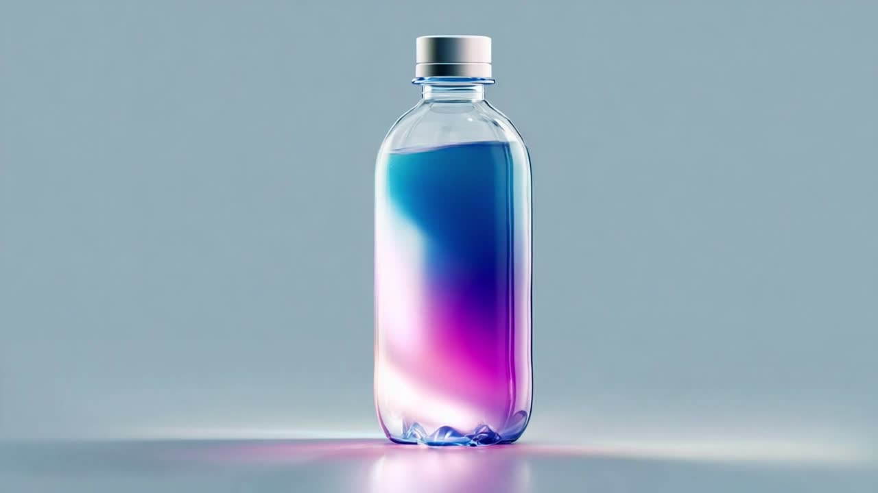 A visually striking clear bottle filled with water, showcasing an innovative gradient of colors reflecting light, demonstrating the beauty of simple hydration in a contemporary design