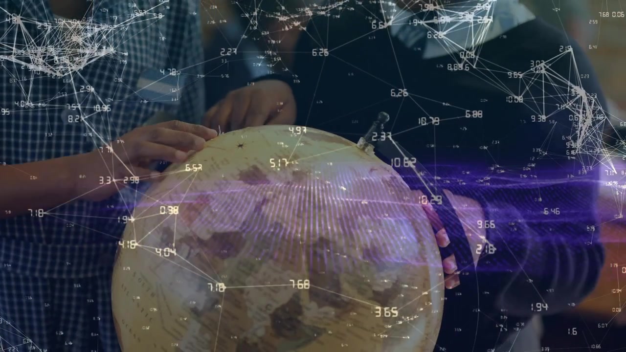 Animation of network of connections over diverse school children with globe