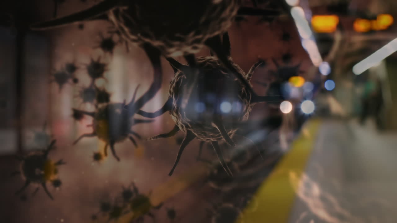 매크로 코로나바이러스 코로나19 세포가 플랫폼으로 들어오는 열차에 퍼지는 애니메이션