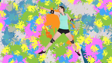 animación de una jugadora de balonmano caucásica sosteniendo la pelota sobre manchas coloridas