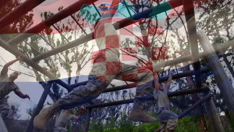 animation of flag of croatia over diverse male soldiers during training