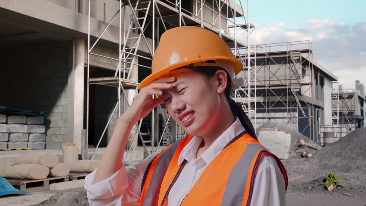 Nærbillede af asiatisk kvindelig ingeniør set fra siden med sikkerhedshjelm, der har hovedpine, mens hun arbejder på en byggeplads med opførelsen af et nyt hus.