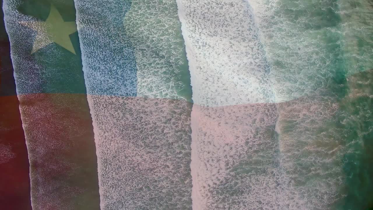 composición digital de la bandera chilena ondeando contra la vista aérea de las olas del mar