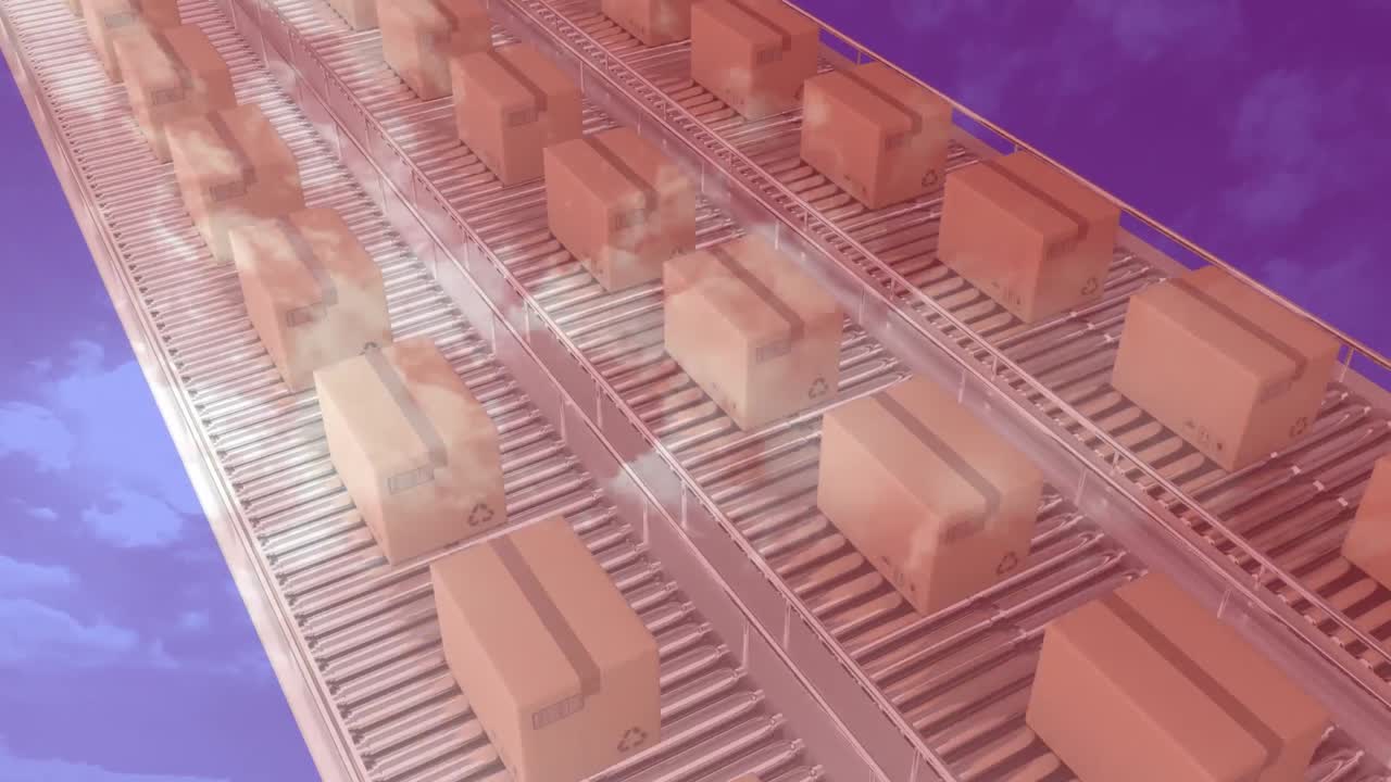 animación de flechas que apuntan hacia abajo sobre cajas de cartón en cintas transportadoras