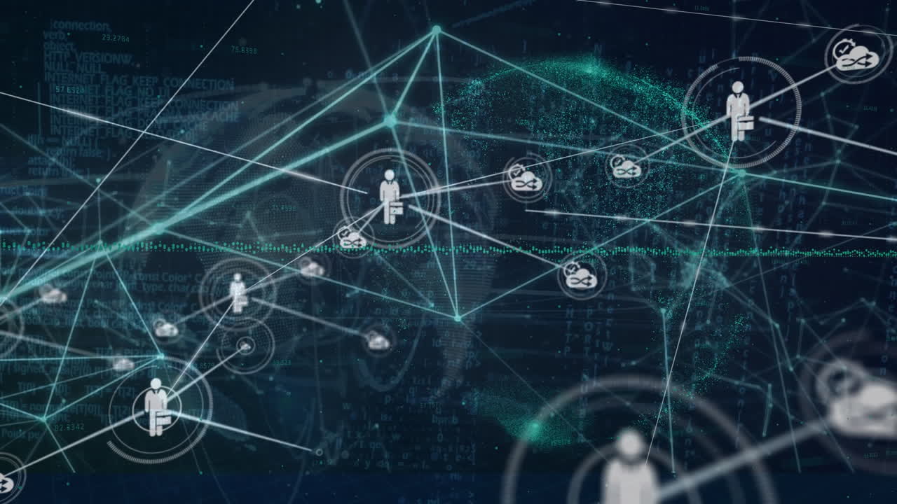 Animation of network of connections and data processing over dark background