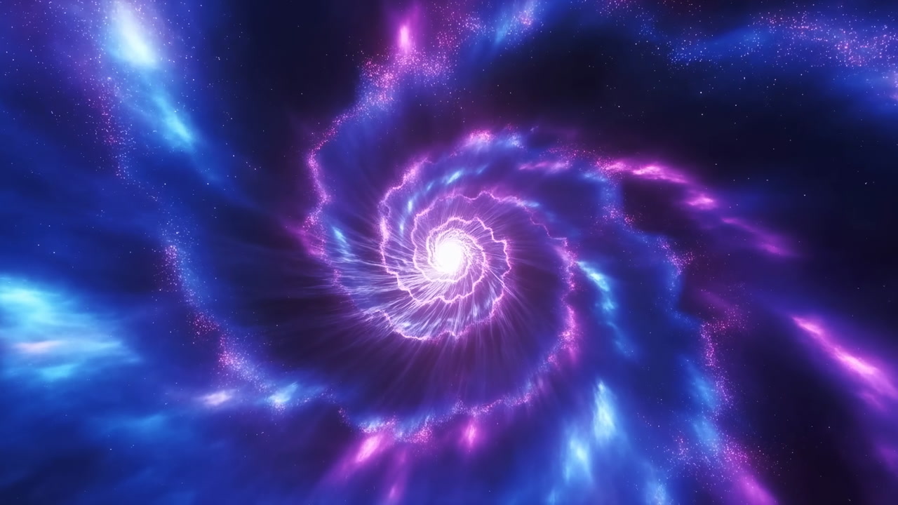 Purple Blue Spiral Galaxy Tunnel Drawing Viewer Toward Luminous Core, Rotating Arms Of Stardust And Swirling